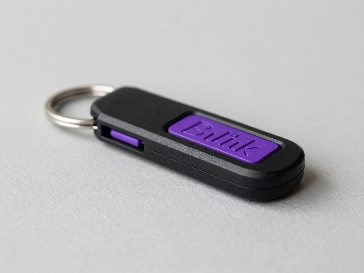 Close-up editorial product photograph of a black Blick Entertainm