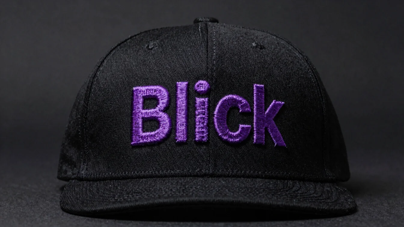 Close-up of a black embroidered cap with the clean Blick Entertai