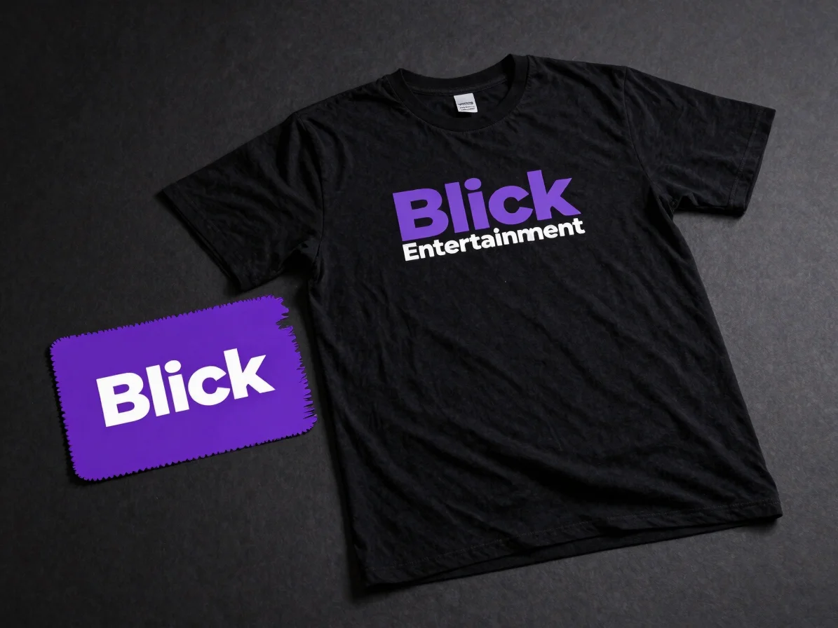 Editorial studio photograph of a black Blick Entertainment T-shirt laid flat beside a purple brush-stroke wordmark swatc